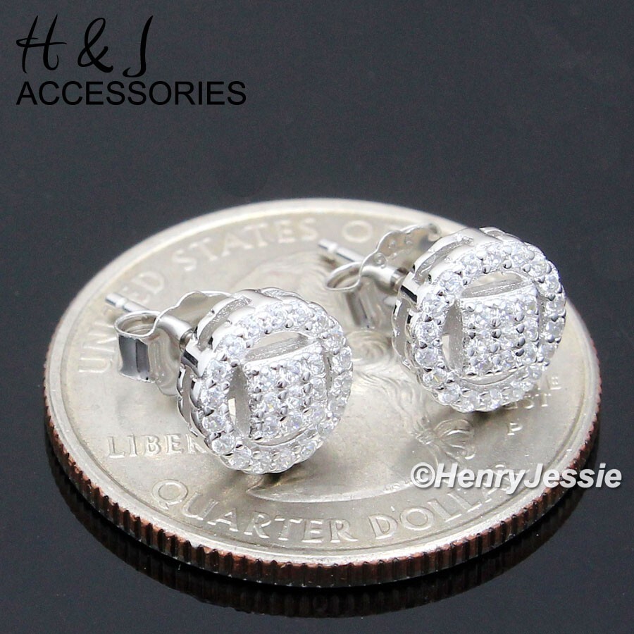 MEN WOMEN 925 STERLING SILVER 7MM ICY CZ 3D ROUND PUSH BACK STUD EARRING*AE232