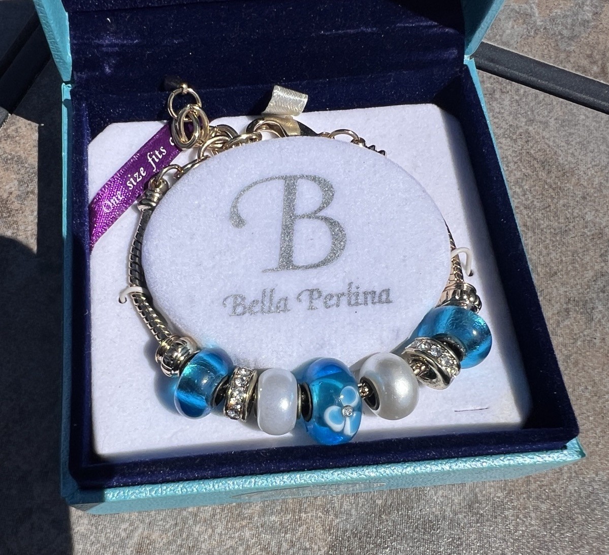 Bella Perlina Beaded Bracelet, Blue Murano, Pearl, And Gold Tone New In Box