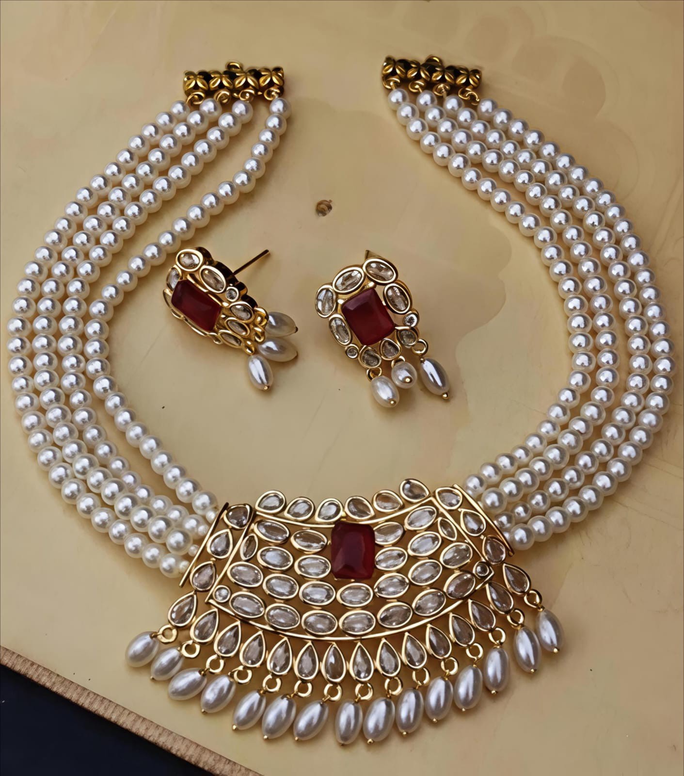 Indian Traditional Multi Layered Pearl Kundan Gold Plated Choker Collar Necklace