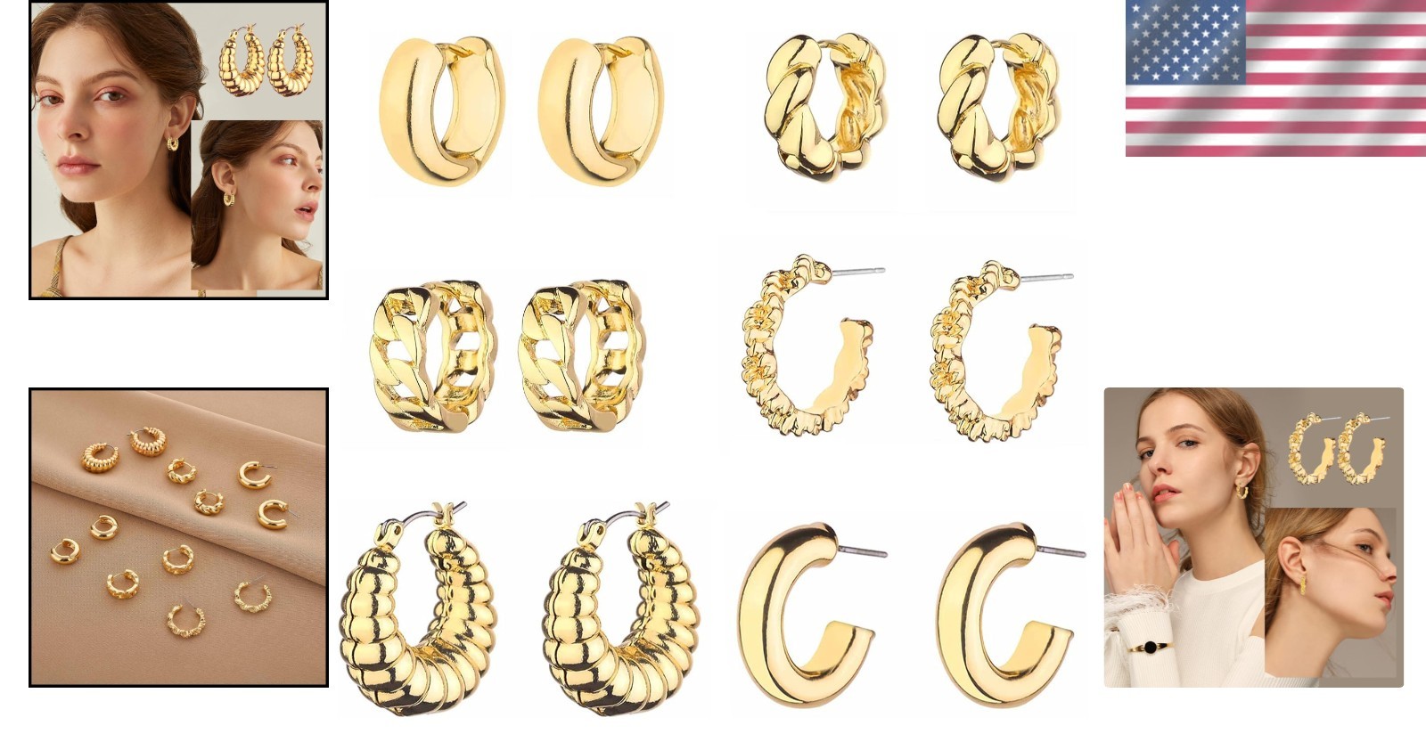 Luxurious 14K Gold Plated Chunky Hoop Earrings – 6 Pairs for Every Occasion