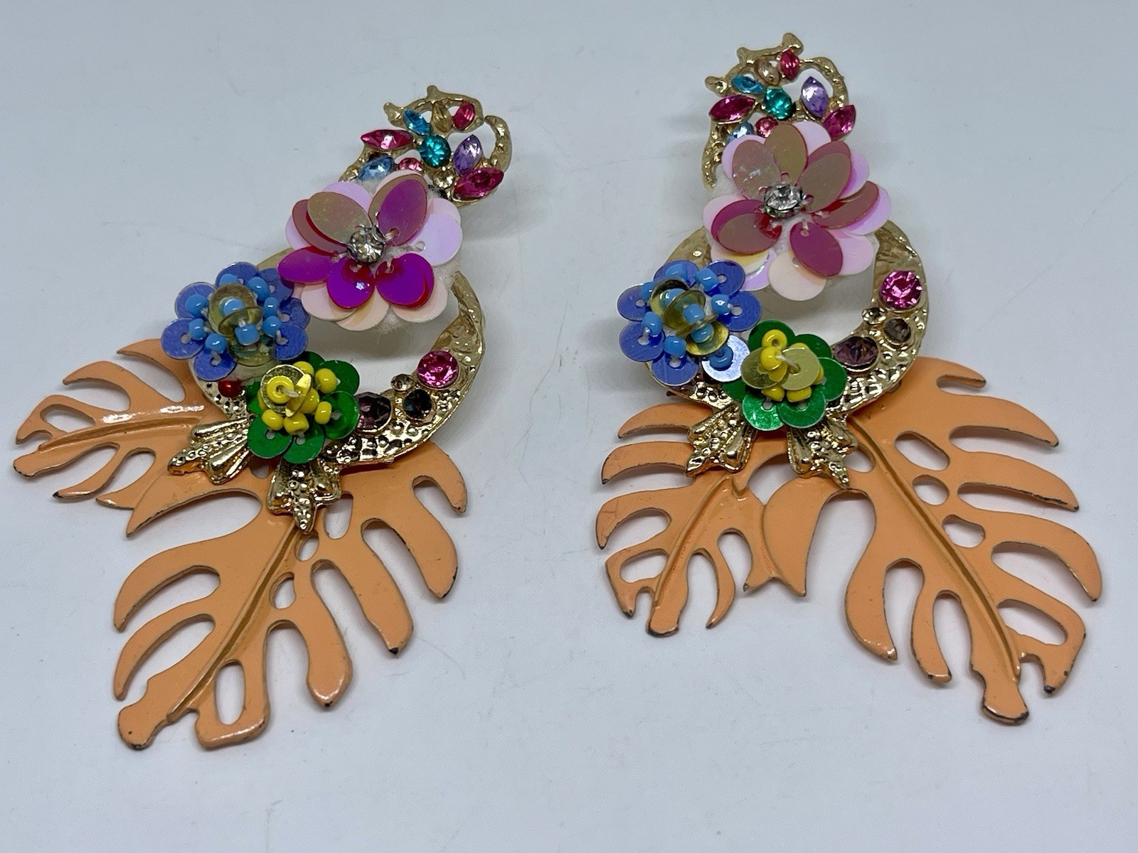 Tropicana Peach Tropical Monstera Leaf Flower Gem Beaded Statement Earrings 4”