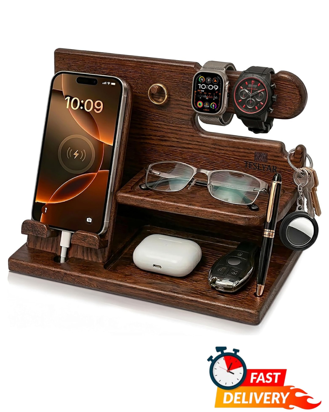 Wood Desk Organizer Dock Stand Key Wallet Watch Holder Nightstand Brown Men