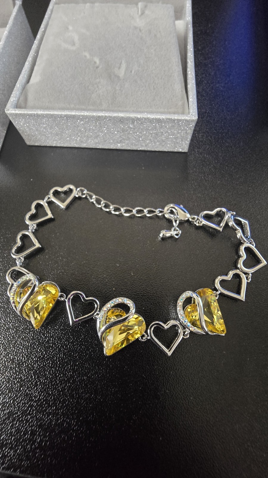 LEAFAEL Silver Tone Yellow Heart Crystal Charm SET Chain Necklace And Bracelet