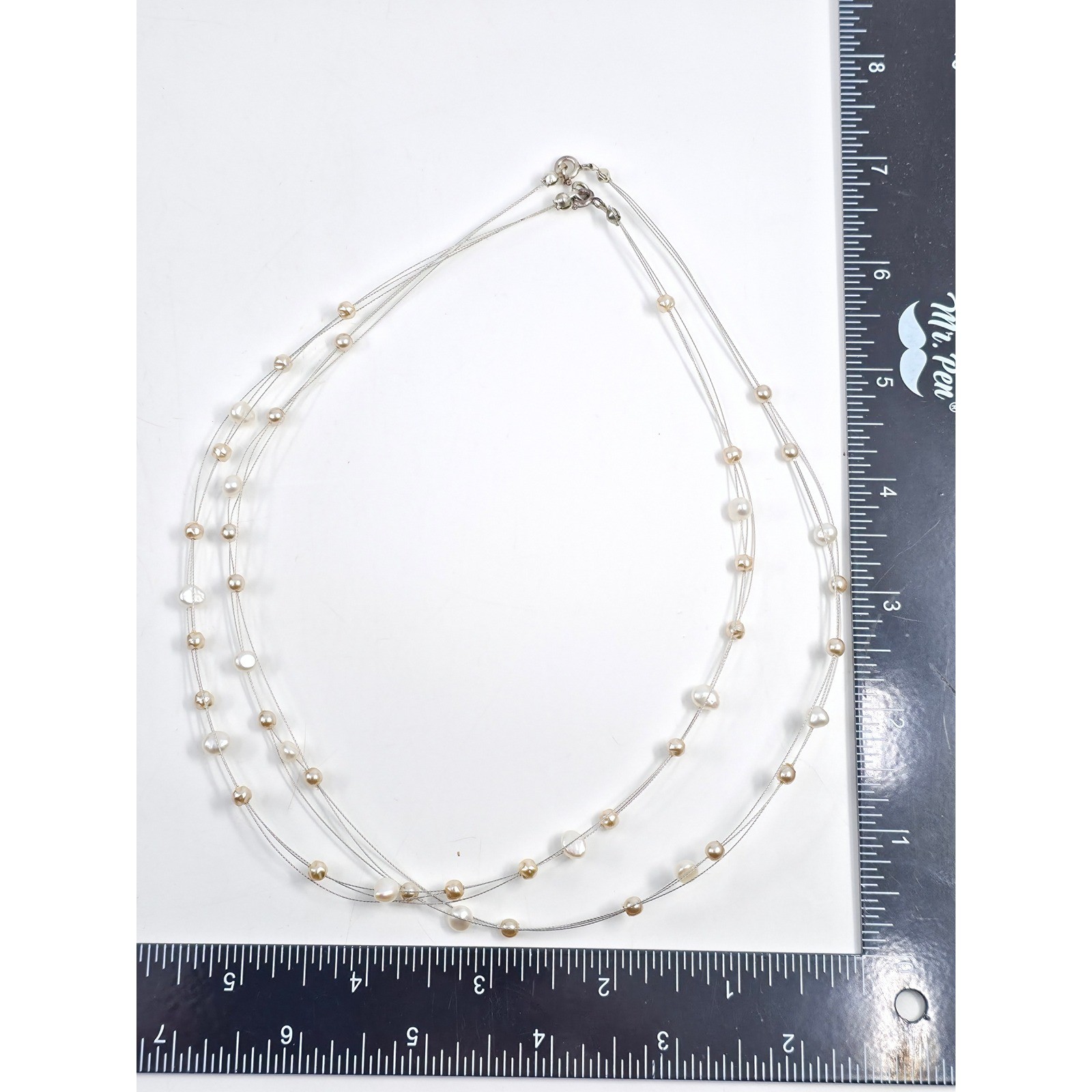 Sterling Silver Floating Pearl Triple Strand Necklace Champagne Cream 16 Inch