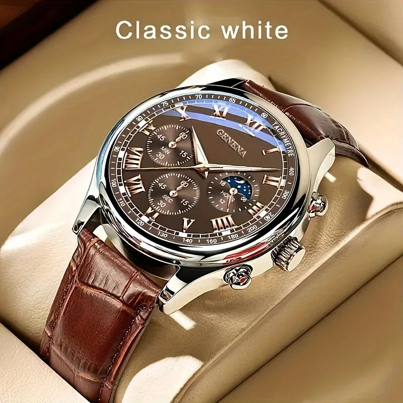 GENEVA High Quality Men’S Luxury Belt Fashion Quartz Watch Men round Business St