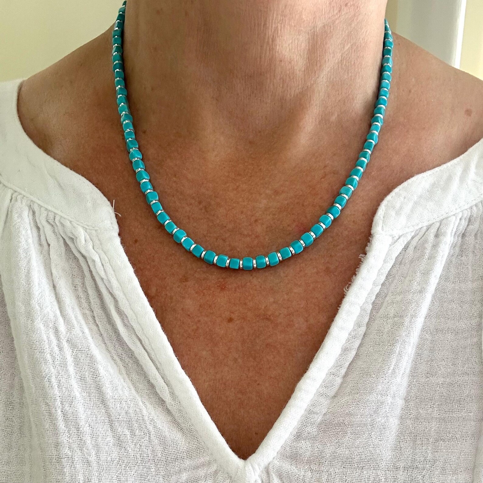 Arizona Turquoise Necklace | 4mm Square Beads, Sterling Silver Accents