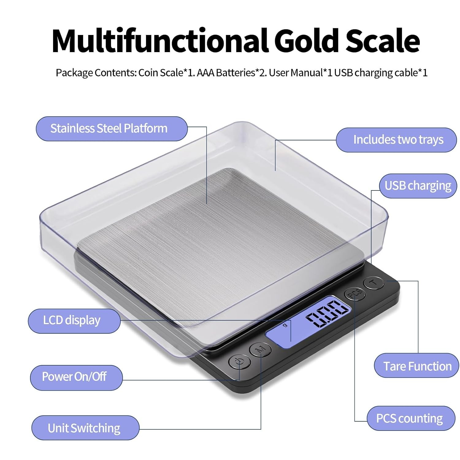 Coin scale 1kg 0.01g accuracy for coins gold jewelry with USB charging LCD