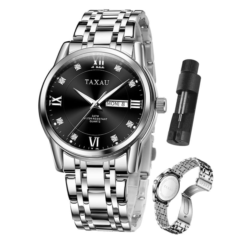 Silver Men Watch Black Face Stainless Steel Analog Quartz Watches for Men wit…