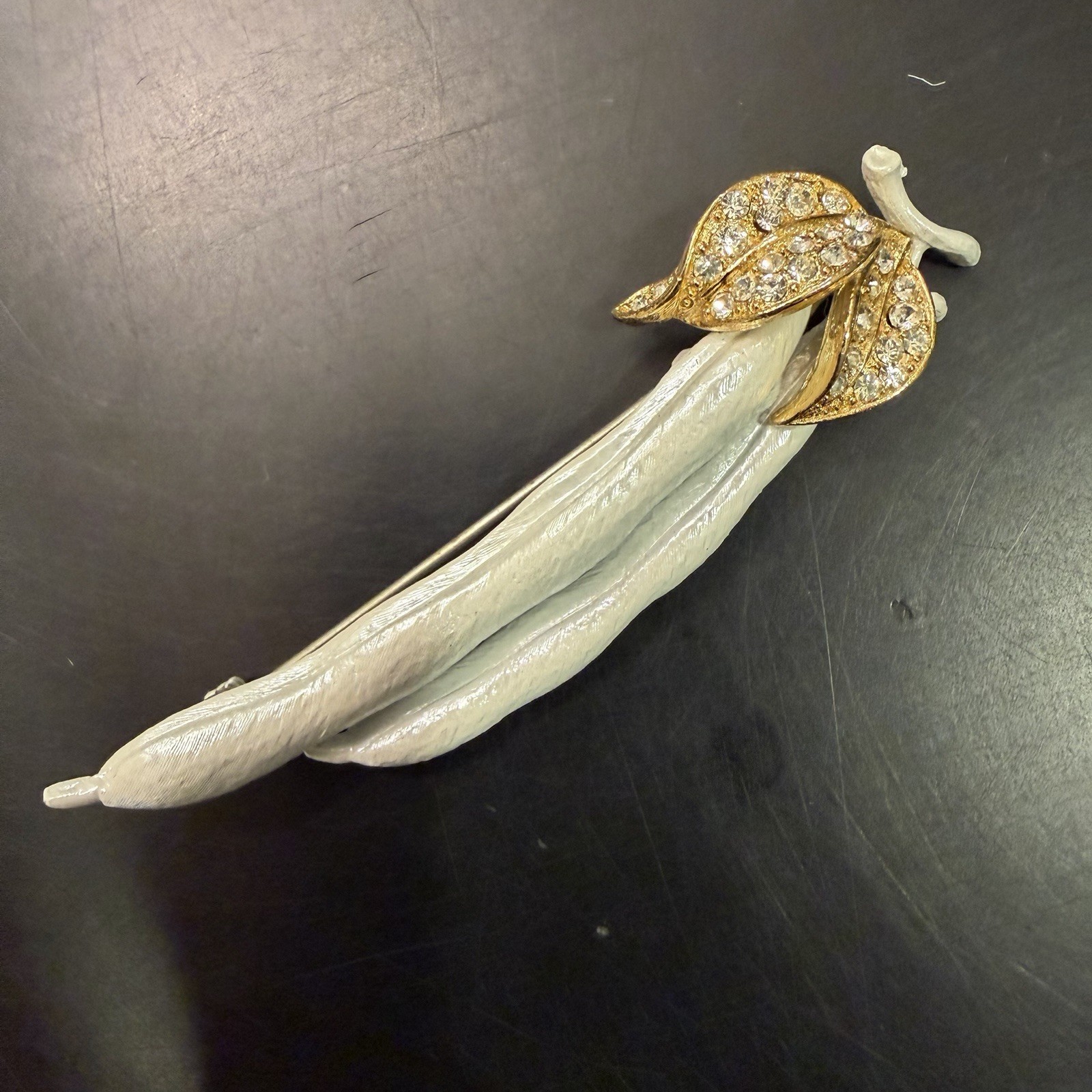 Vintage White Enamel Pea Pod Figural Brooch Pin Gold Tone Rhinestone Leaves