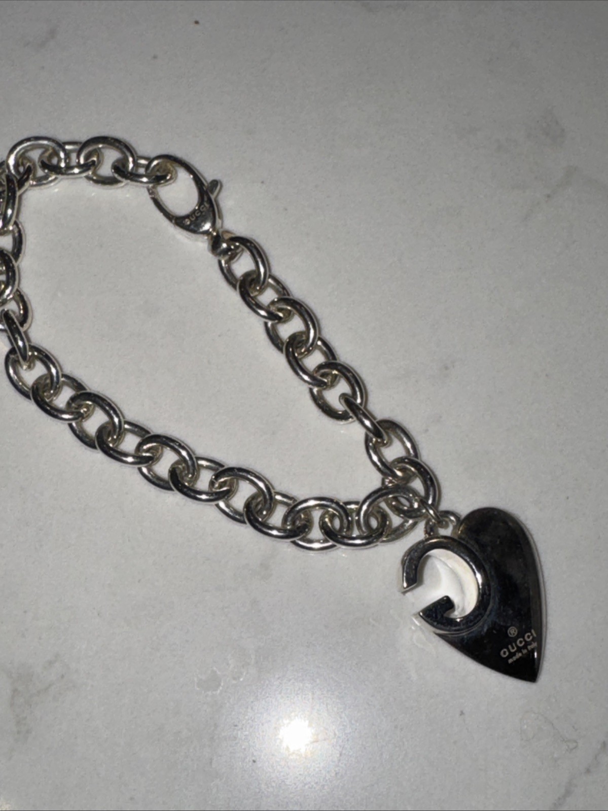 Auth GUCCI HEART CHARM *G* .925 STERLING SILVER Chain Bracelet 7.5”