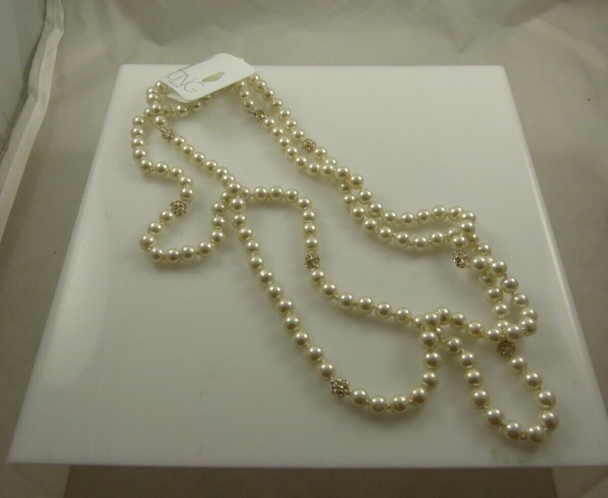 necklace Faux pearls long white crystal beads in areas silvertone. bride elegant