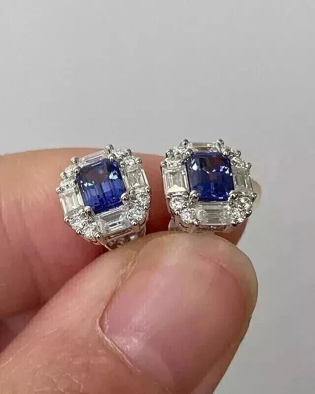 3.60Ct Emerald Cut Natural Blue Tanzanite Gemstone 14K White Gold stud Earring