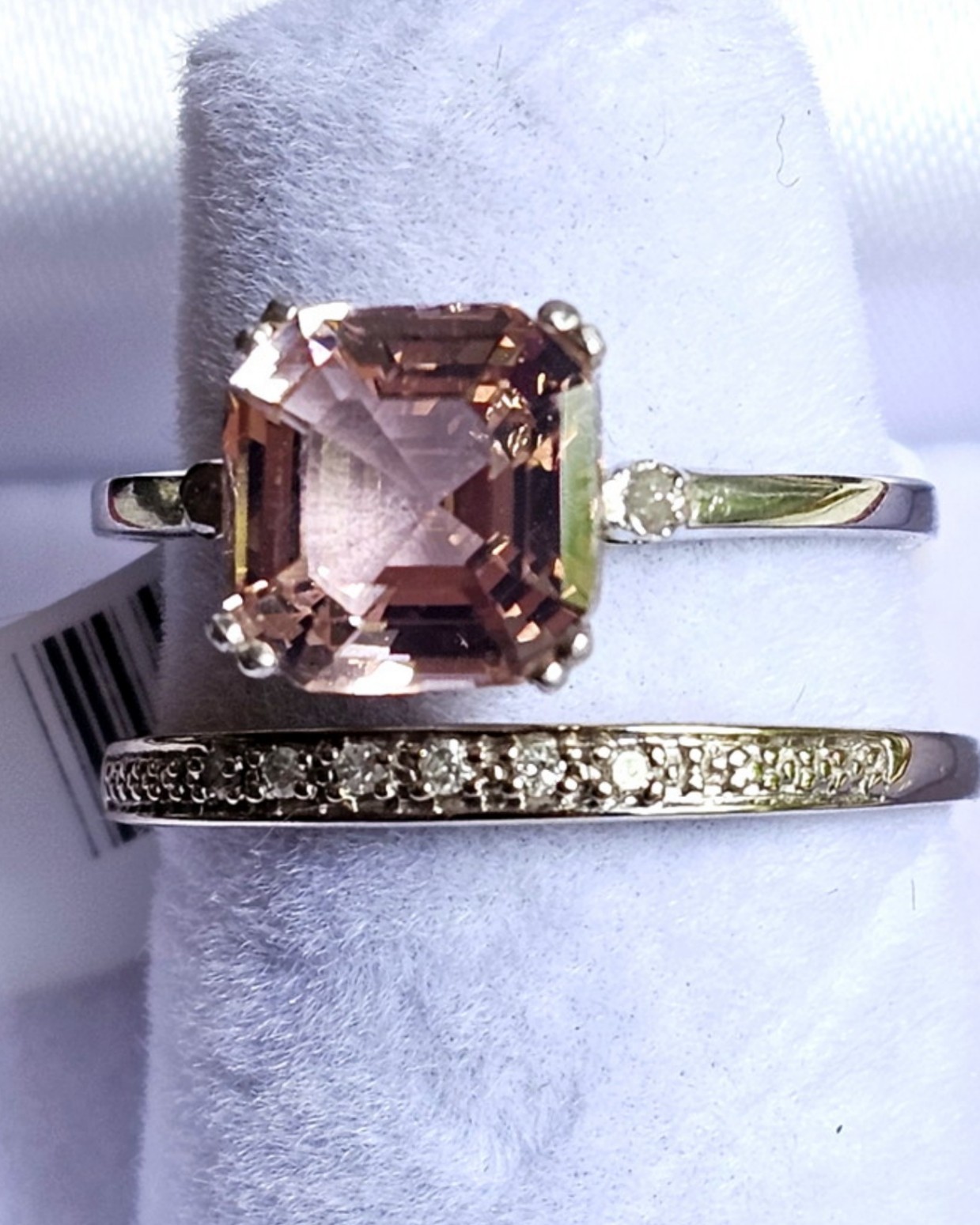 10k White Gold Pink Peach Morganite Solitaire & Diamond Band Ring Set Size 7