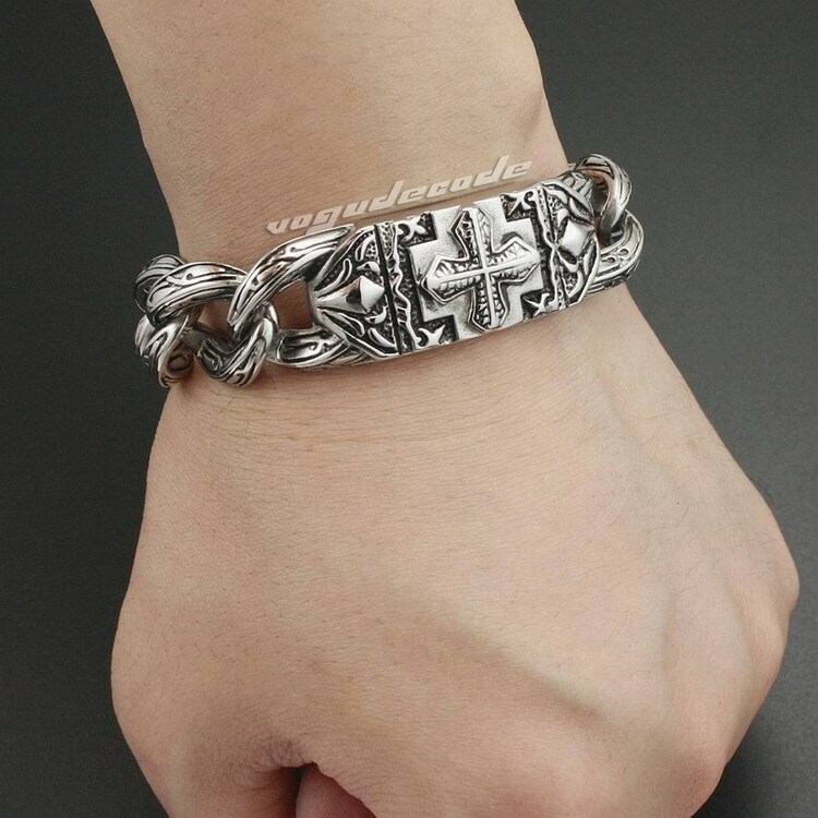 Stainless Steel Cross Link Chain Mens Biker Bracelet Punk Jewelry 5C016A