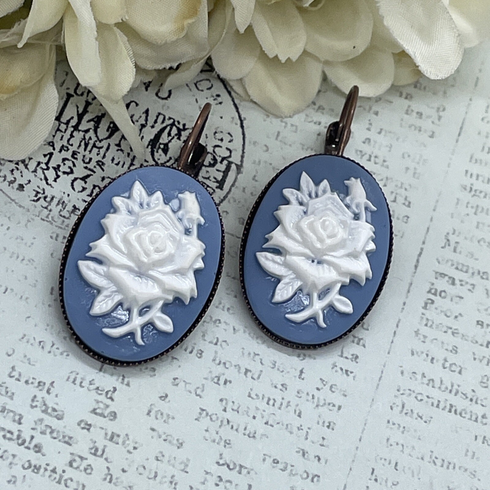 Rose Gold Brass Dusty Blue & White Victorian Anniversary Earrings Cameo Birthday