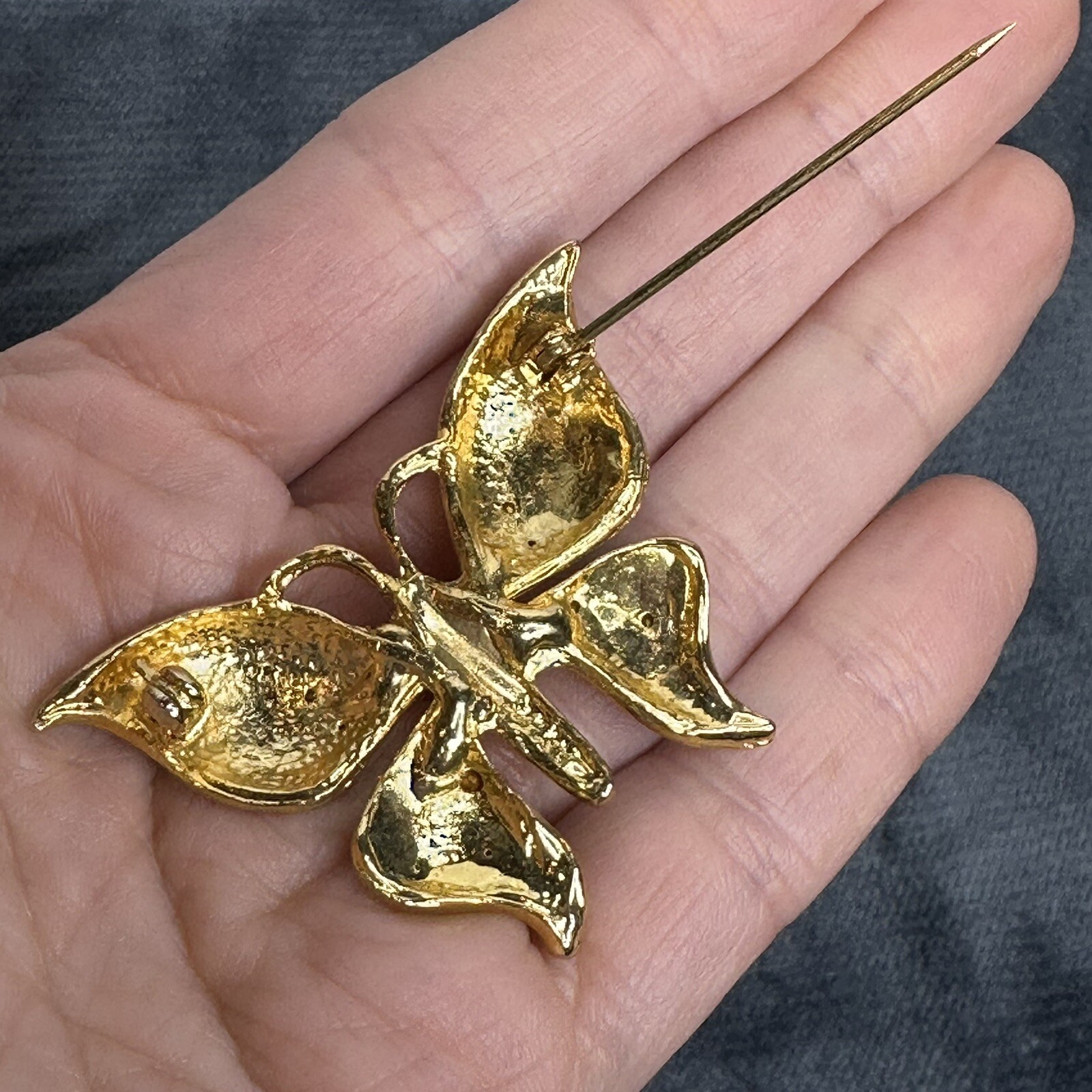 Vintage Butterfly Enamel Brooch Pin Gold Tone Red Blue Green Rhinestones Shiny