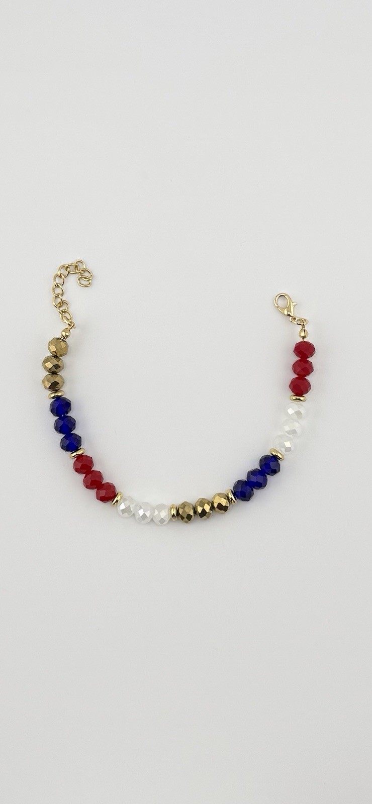 Red White Blue GoldCrystal BeadBracelet 7.6-8in Lobster 4th of July Gift for her