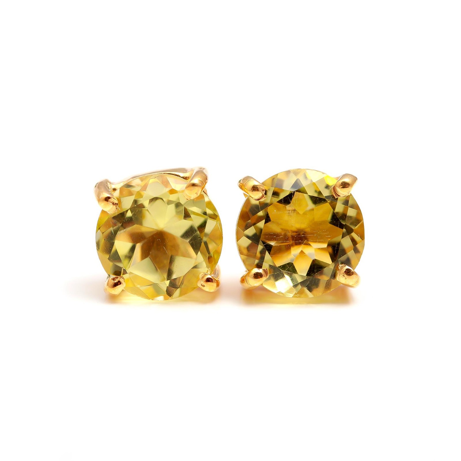 Natural Lemon Quartz Round Stud Earrings Gold Plated 925 Sterling Silver Jewelry