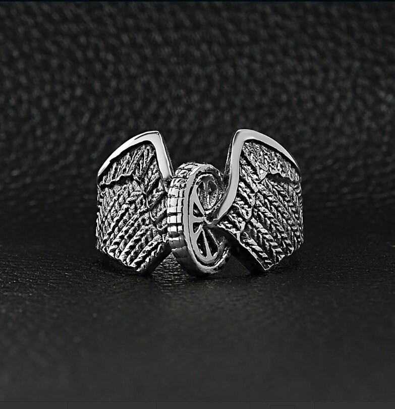 Stainless Steel Polished Winged Wheel Ring – Stainless Steel Biker Ring