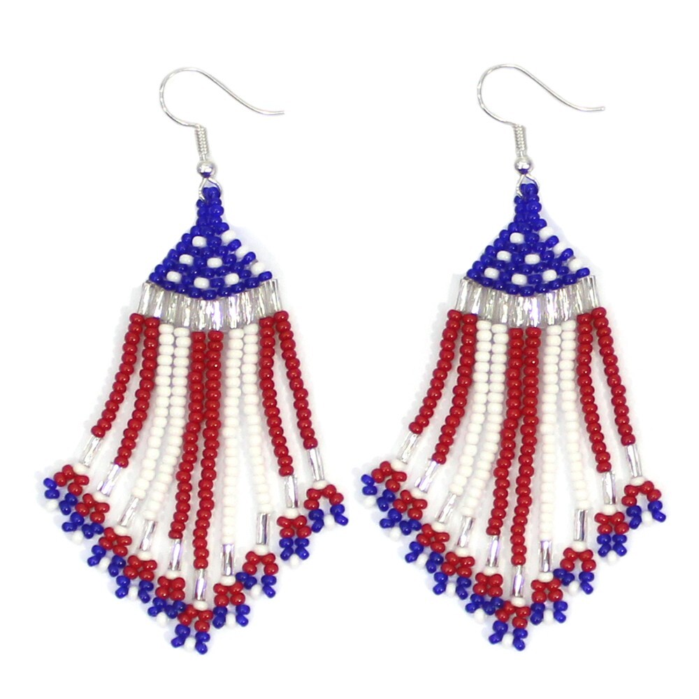 NATIVE STYLE HANDMADE PATRIOTIC RED WHITE BLUE BEADED FLAG COLOR EARRINGS E61/20
