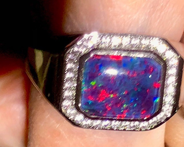 Heavy SS 10 SOLID Natural Australian Black Red Opal Men’s ring Signet SEE VIDEO