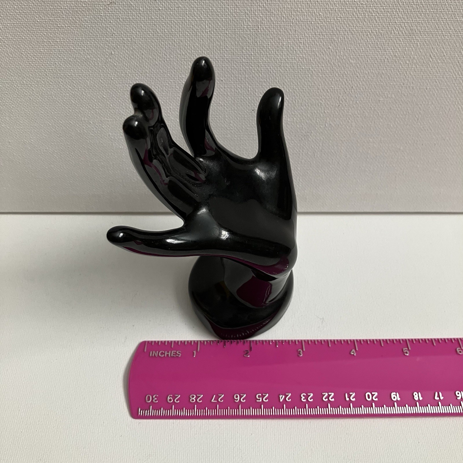 Midcentury Black Glossy Ceramic Model Hand Ring Holder Vintage. Art Deco