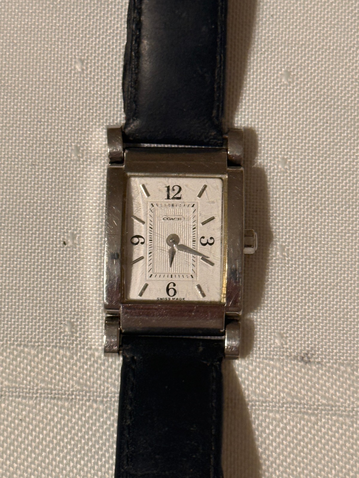 Vintage 1990s Coach W014 Swiss Made Women’s Tank Watch Black Leather Quartz