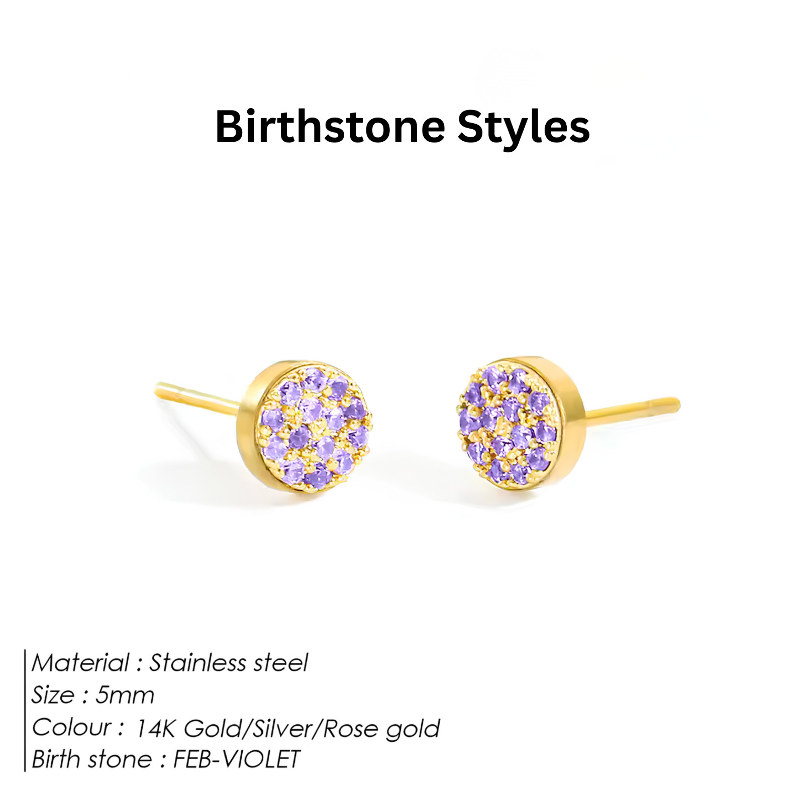 Birthstone Stud Earrings Stainless Steel Push Back CZ Women Girls Gift 12 Month