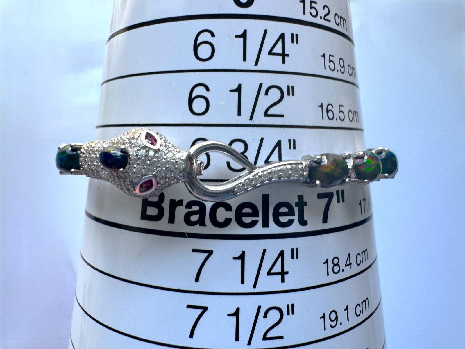 Ethiopian 7x5mm Black Opal Ruby CZ 925 Sterling Silver Cobra Push-Lock Bracelet