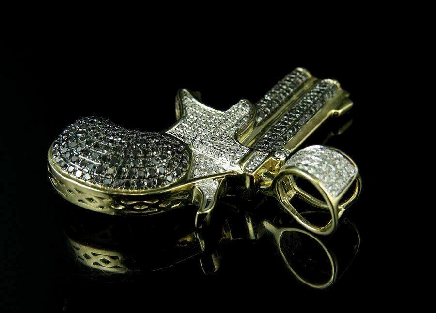 Men’s Gun Charm 2.19ct Cubic Zirconia Pendant 14k Yellow Gold Plated Silver