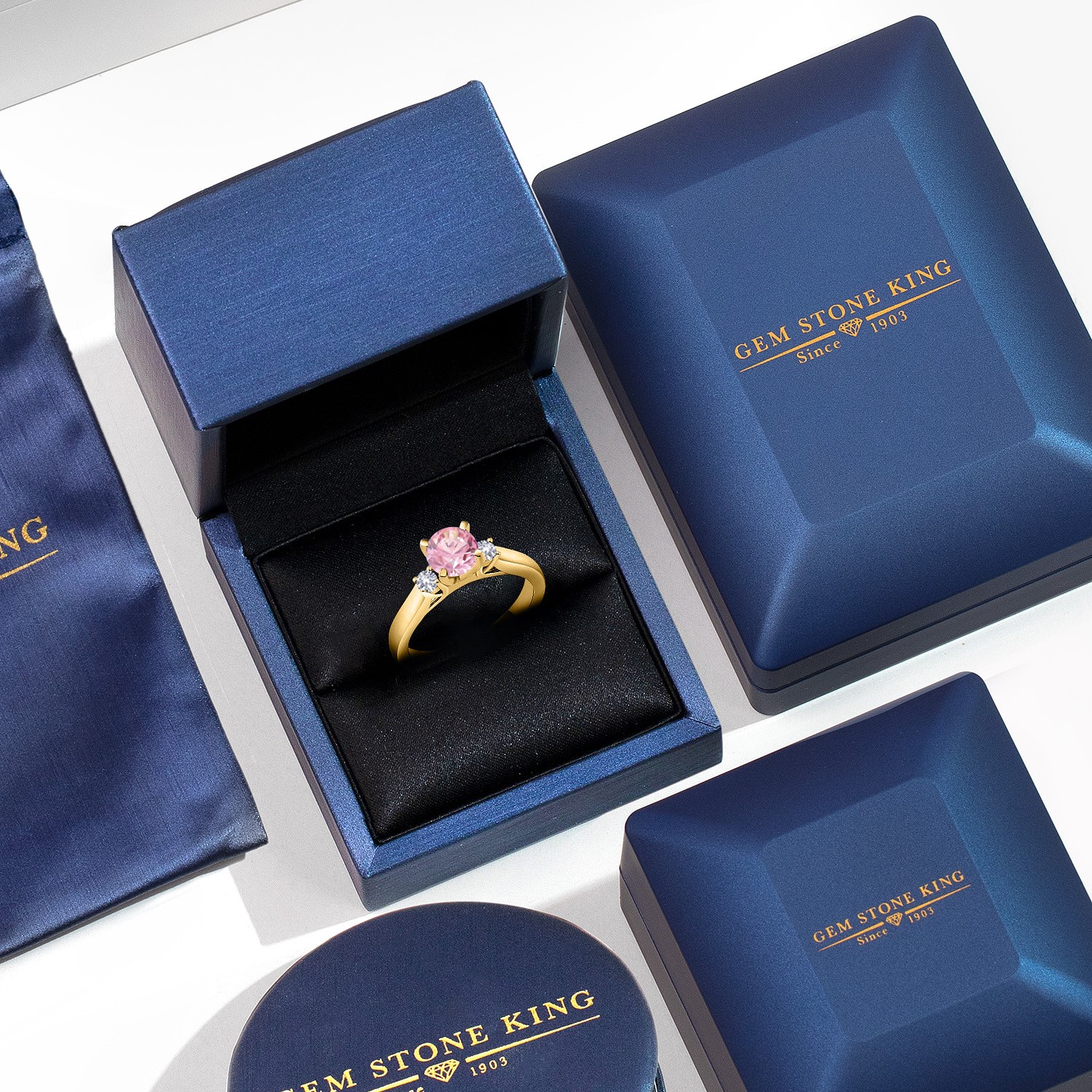 18K Yellow Gold Plated Silver Pink Zirconia and White Created Sapphire 3-Stone