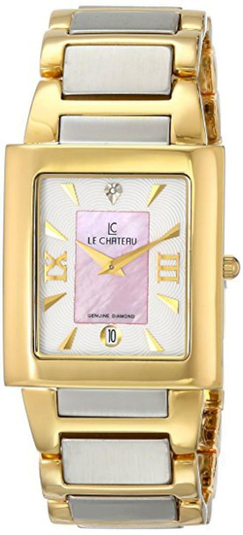 NEW Le Chateau 1816LCMTTWHTPNK Mens Textured & MOP Diamond Dial Two-Tone Watch