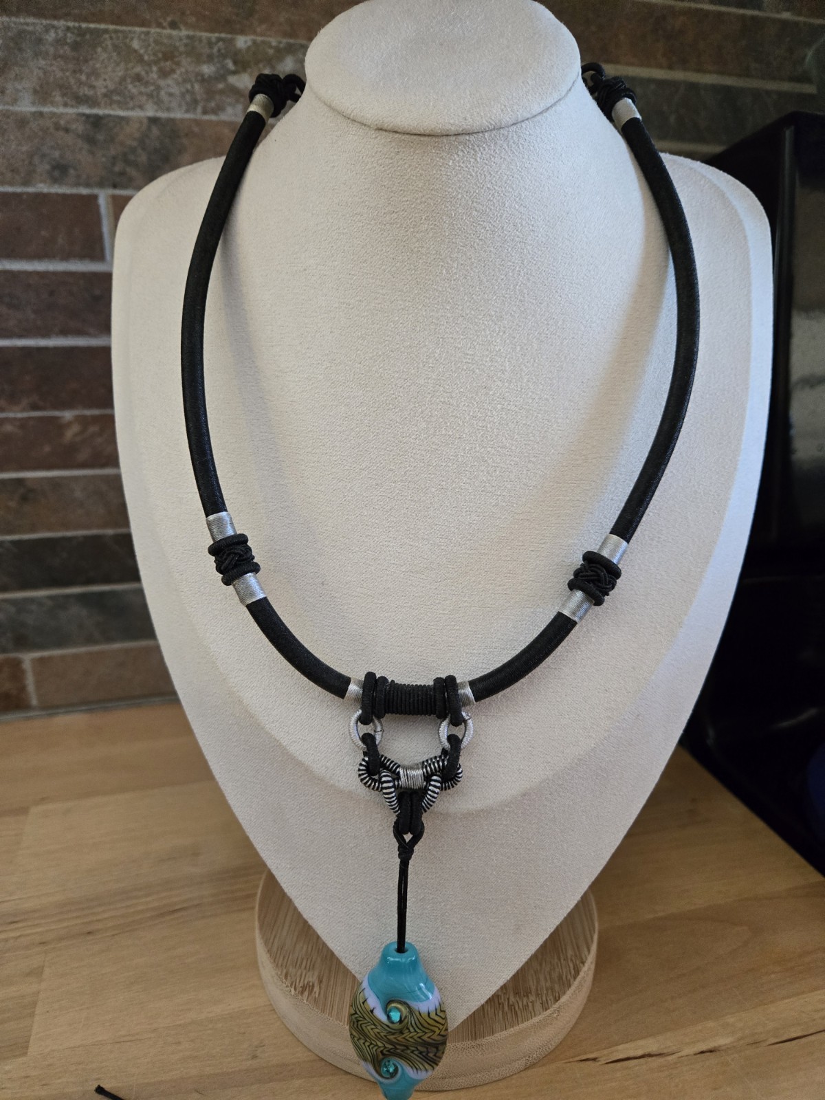 Art Glass Bead Necklace On Silver Wrapped Black Cord Boho Unique