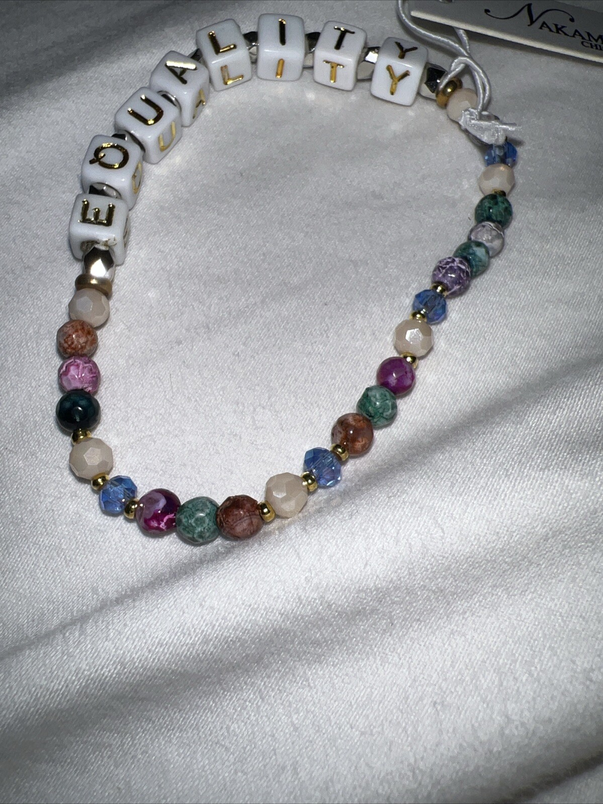New Nakamol Chicago Handmade Stretchy Bracelet ‘EQUALITY’ in Gold & White