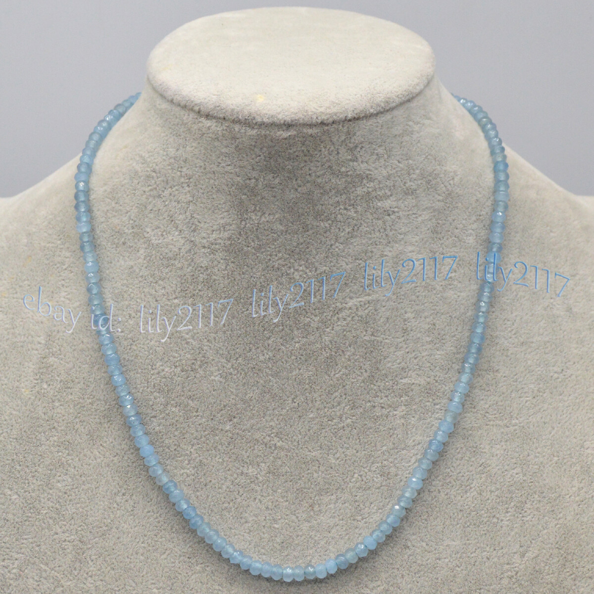 2x4mm Natural Light Blue Jade Faceted Gems Roundel Beads Necklace Silver Clasp