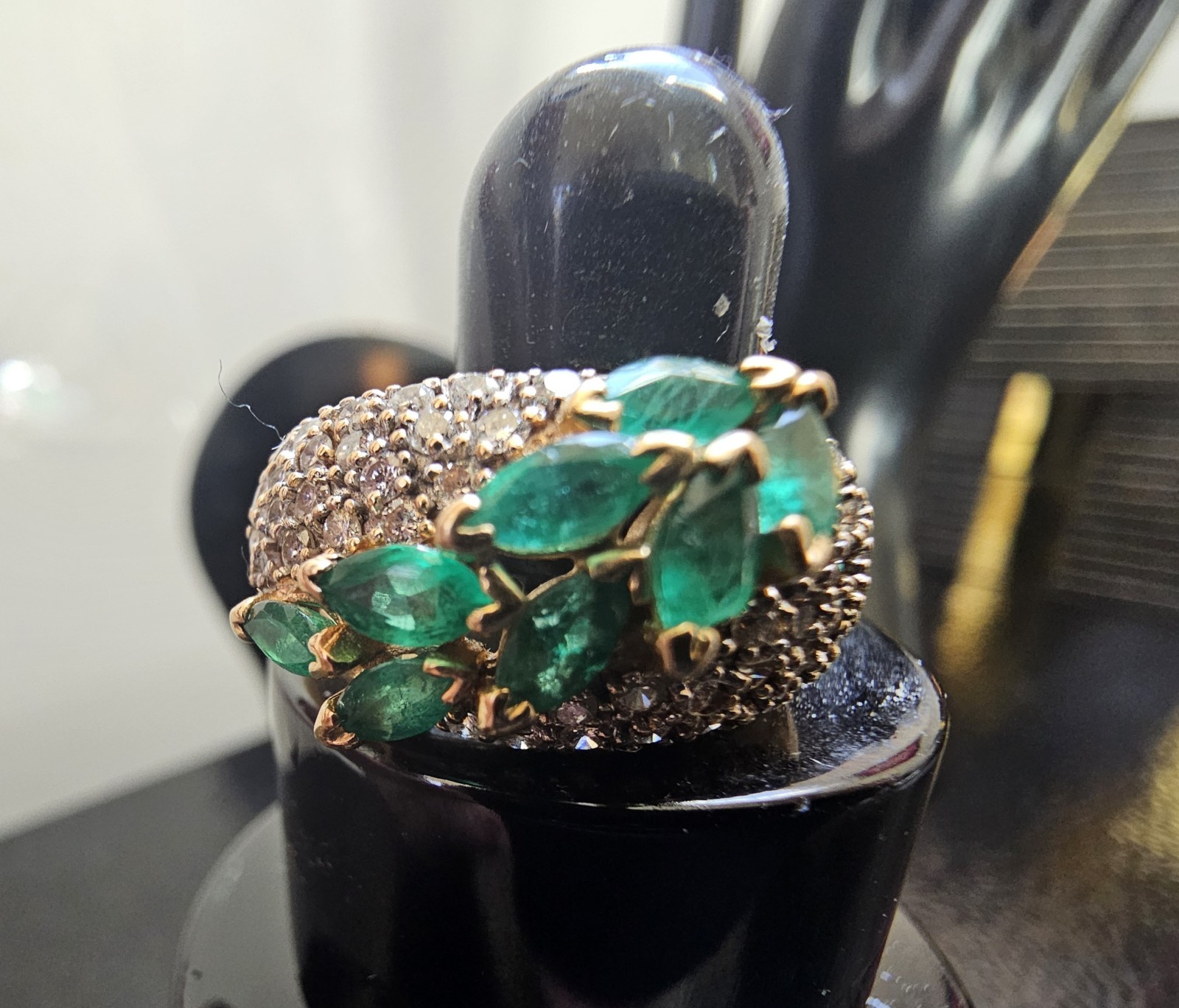14K Gold Emerald & Diamond Ring BH Hallmark Effy Era Marquise Cluster