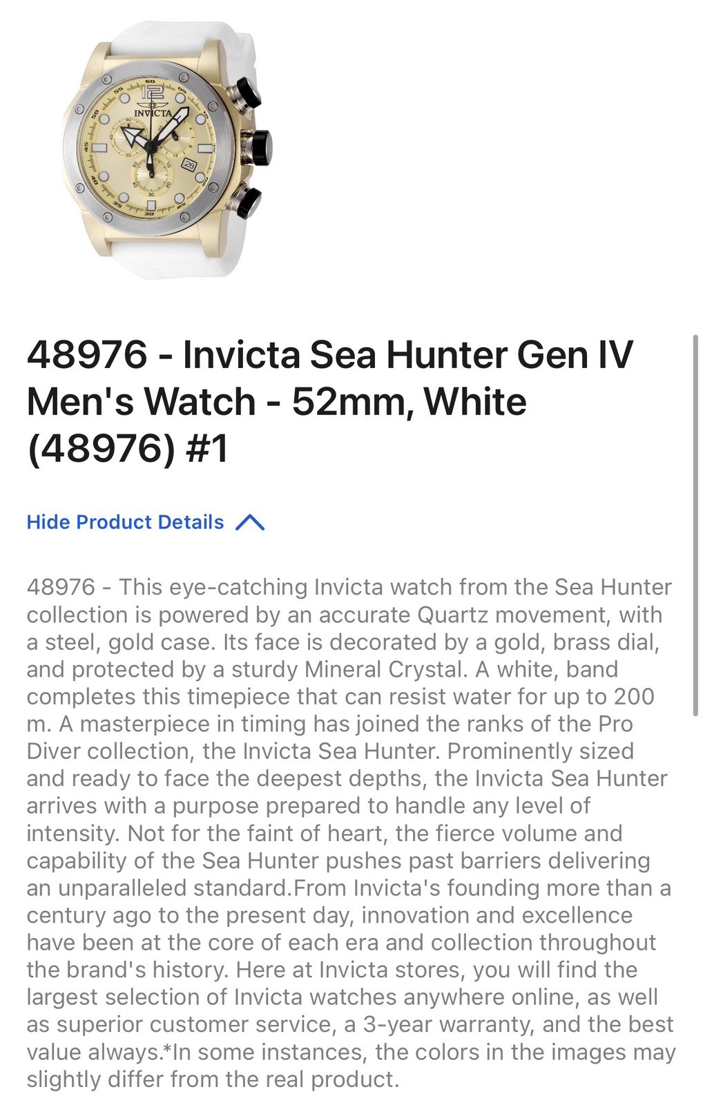 🔥Invicta Sea Hunter 52mm Gold Chronograph Dial White Silicone Strap Men’s 48976