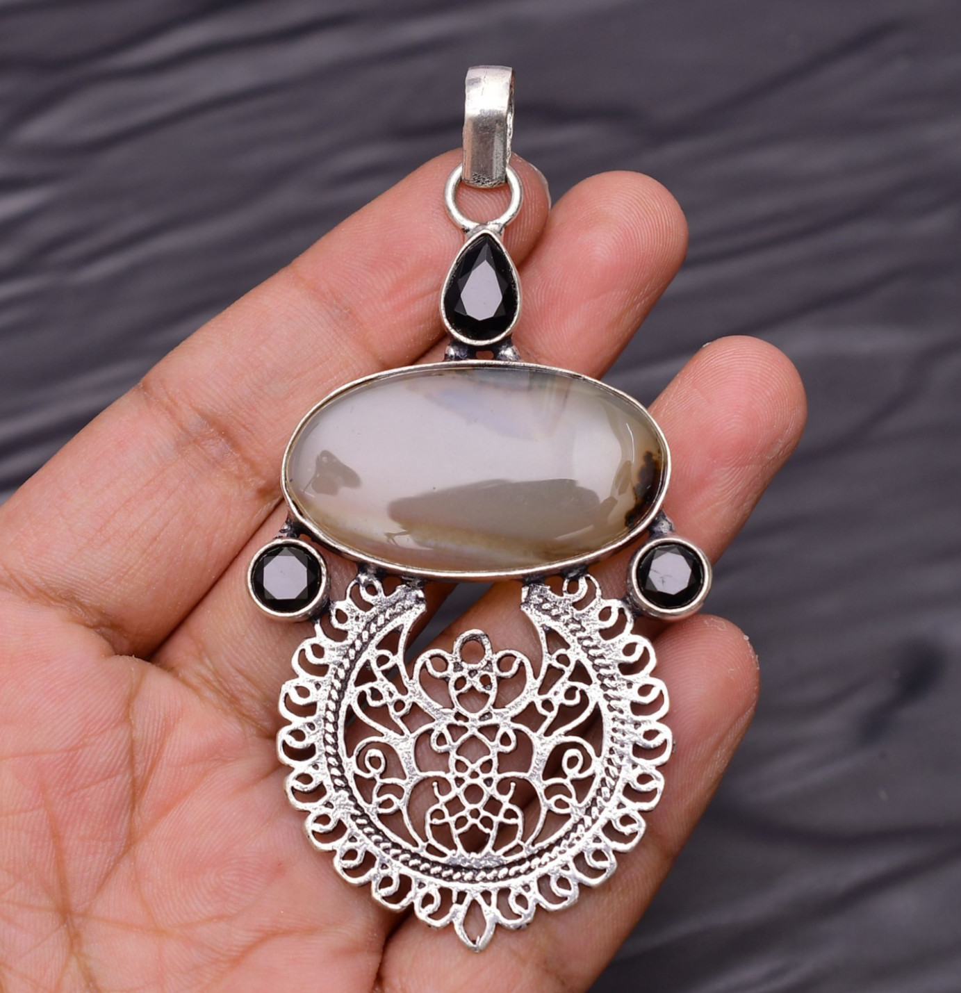 Montana Agate Gemstone 925 Sterling Silver Jewelry Pendant 3.26″