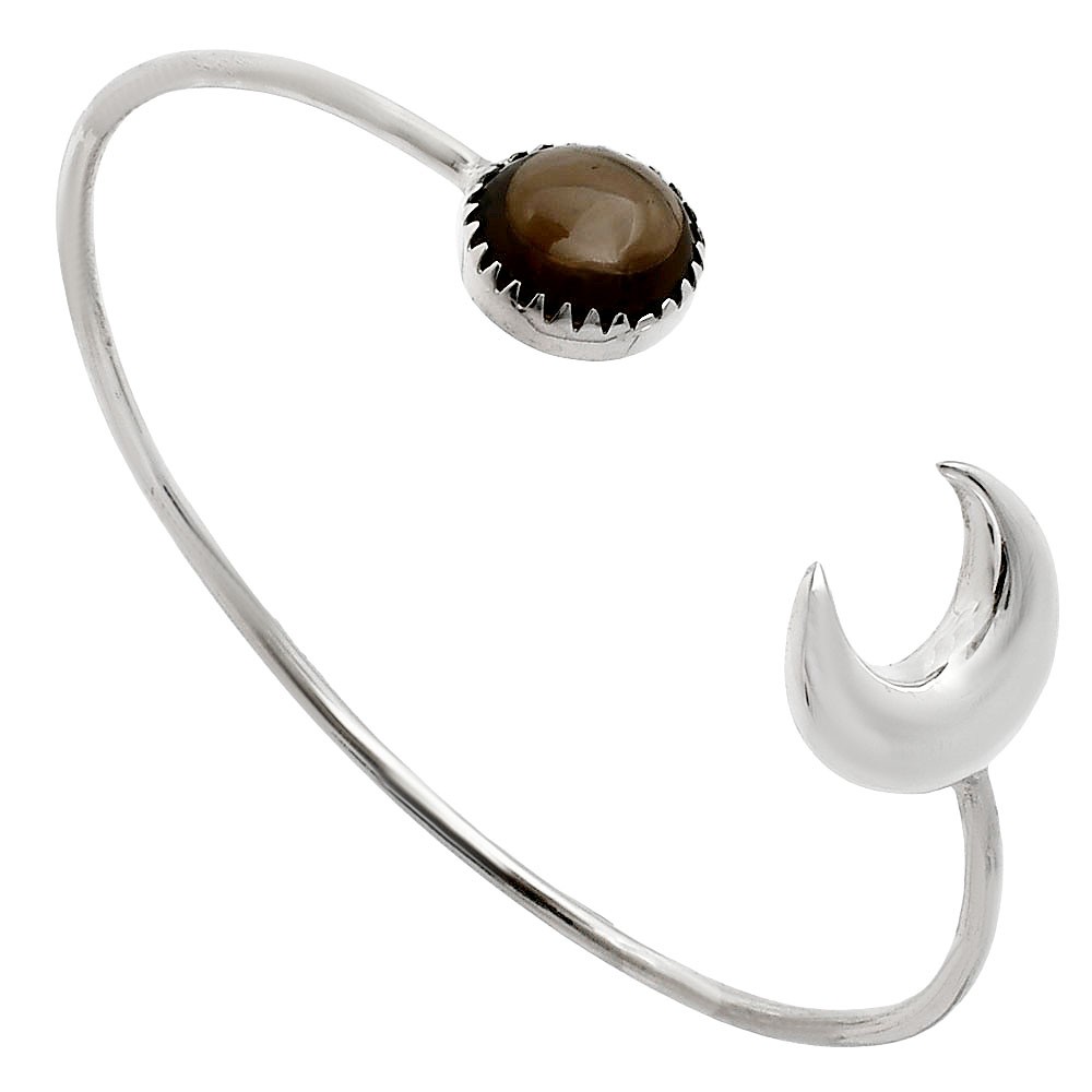 Premium Crescent Moon – Smoky Quartz Cab 925 Silver Cuff Bangle Bracelet B-1046