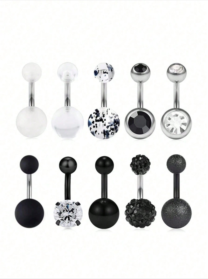 10pc Stainless Steel Belly Button Rings Set 14G CZ Heart Opal Navel Piercing Lot