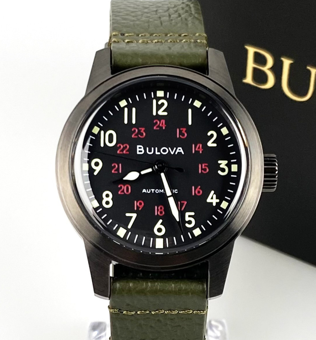 Bulova Men’s Watch 98A255 Hack Black Dial Green Leather Strap Automatic Watch