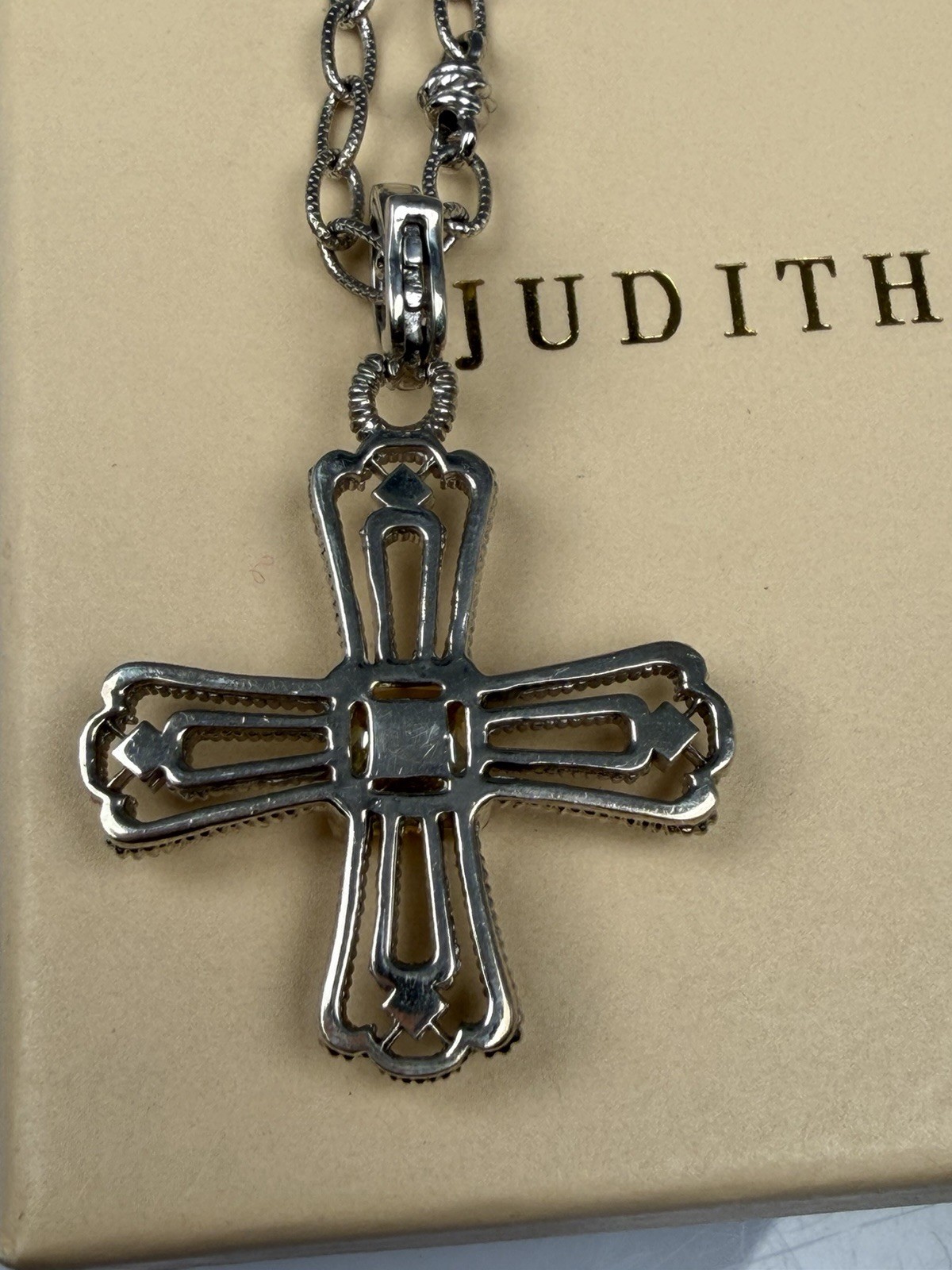 Judith Ripka Sterling Silver Canary Quartz Cross Pendant Station Link Chain