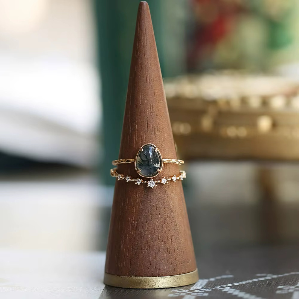 Moss Agate 7x9mm Natural Gemstone Sterling Silver Ring Size 5-8 Gift YG