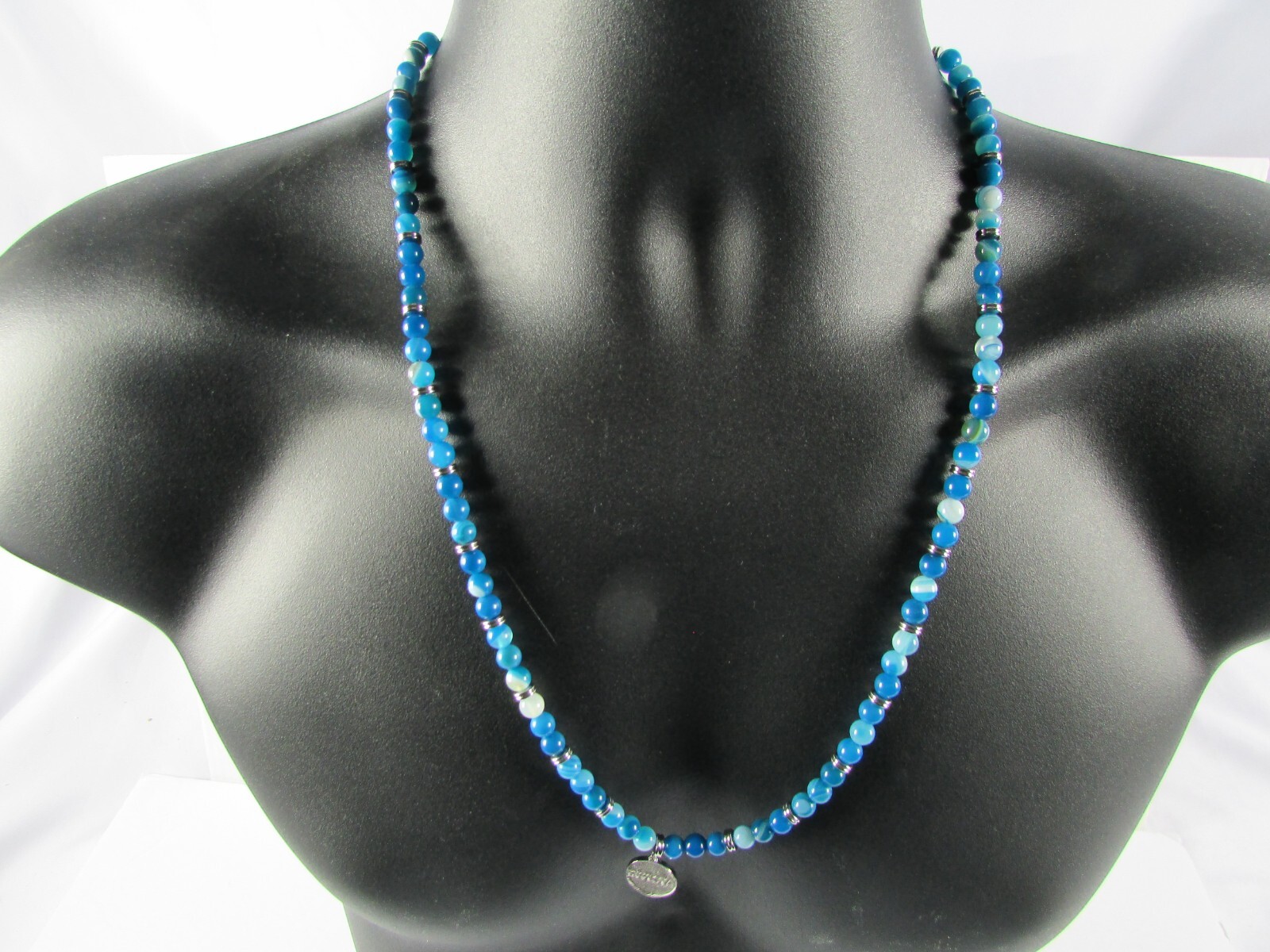 Invicta Jewelry Men’s 26″ Blue Banded Agate Stone Beaded Charm Necklace New