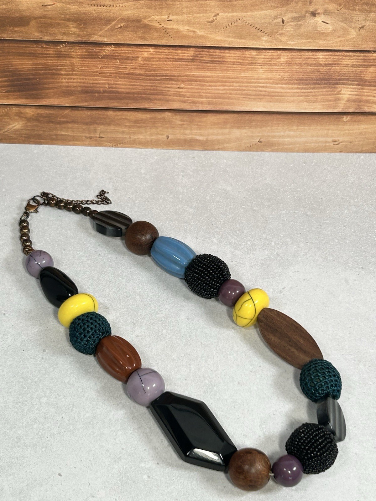 Vintage Unique Chunky Beaded Necklace Yellow Blue Brown 18″ Retro MCM Casual