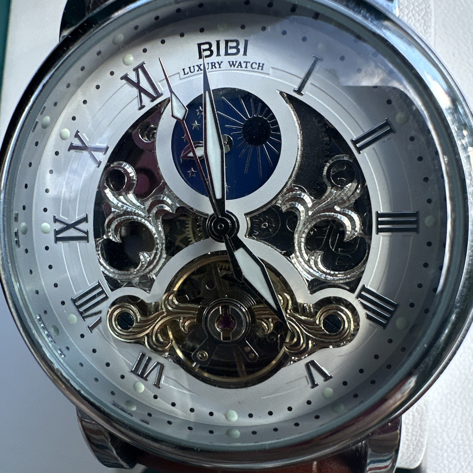 BIBI Men’s Luxury Watch B0108, 47mm Skeleton Dial, Leather Strap, New