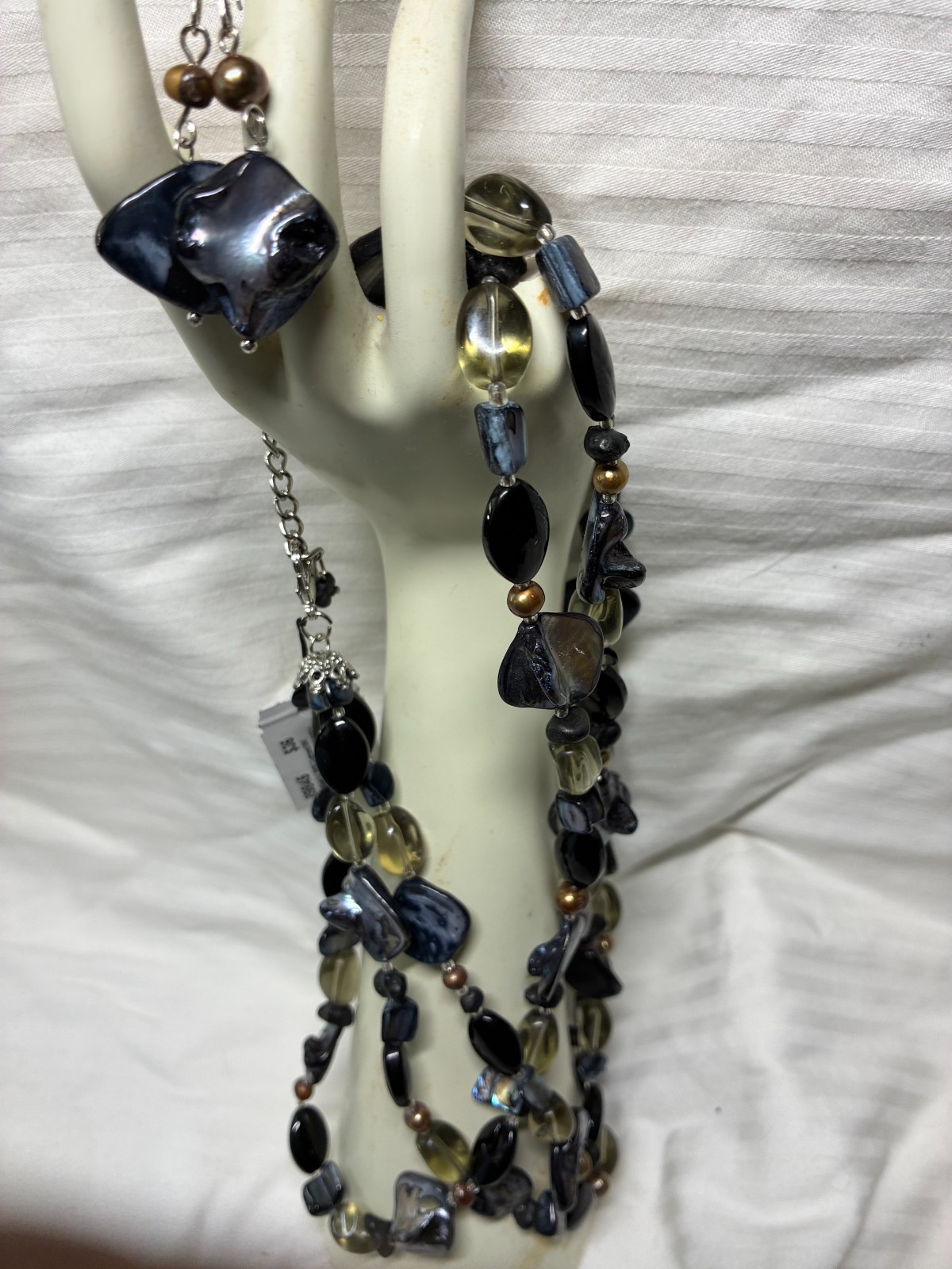 Abalone shell and FWP 3 strand Necklace with matching earrings for peirced ears