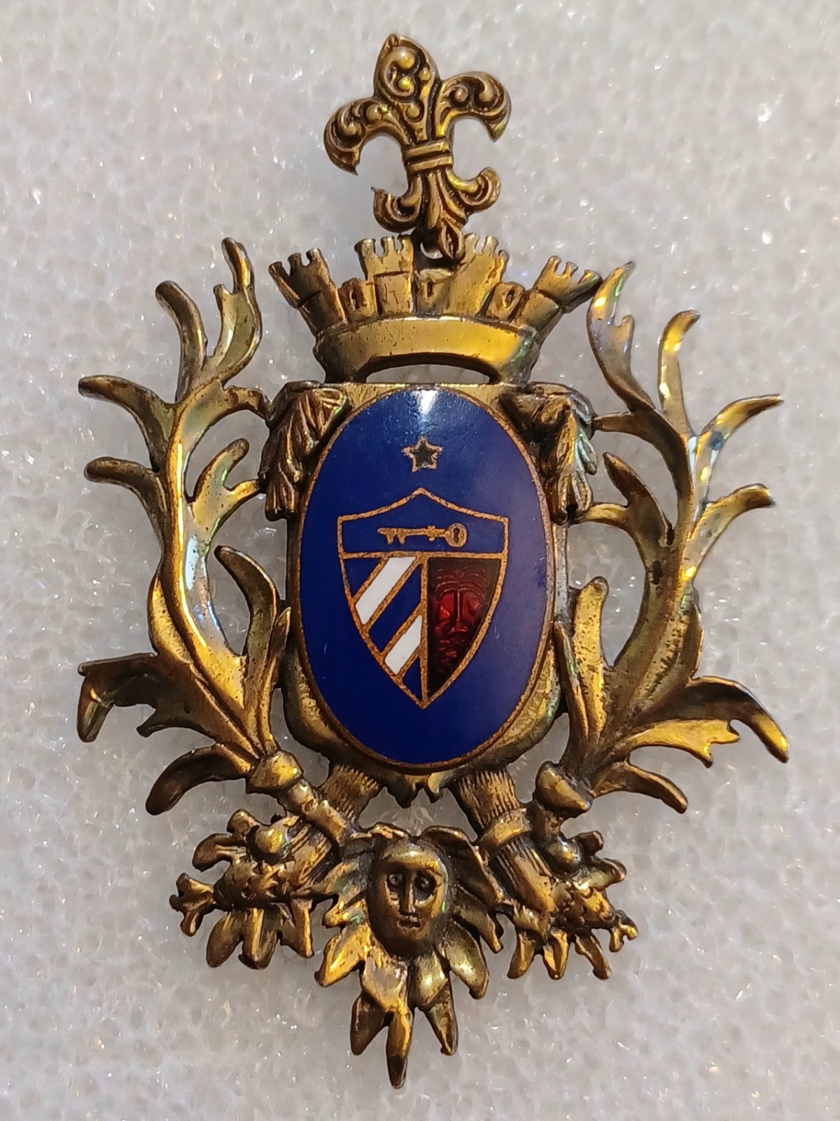 Vintage 60’s Floral Enamel Coat of Arms Brass Pendant