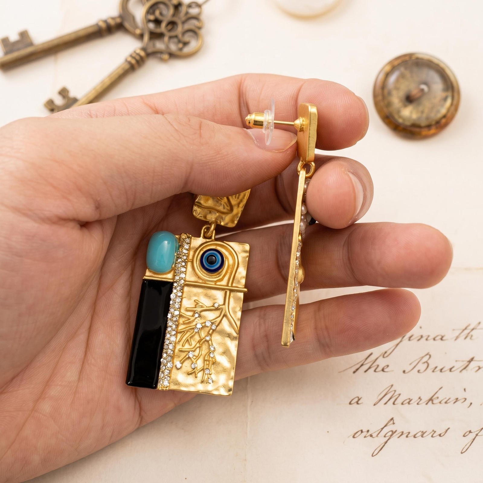 Gold Evil Eye Earrings, Schiaparelli Figural Cameo, Surrealist Geometric Relief