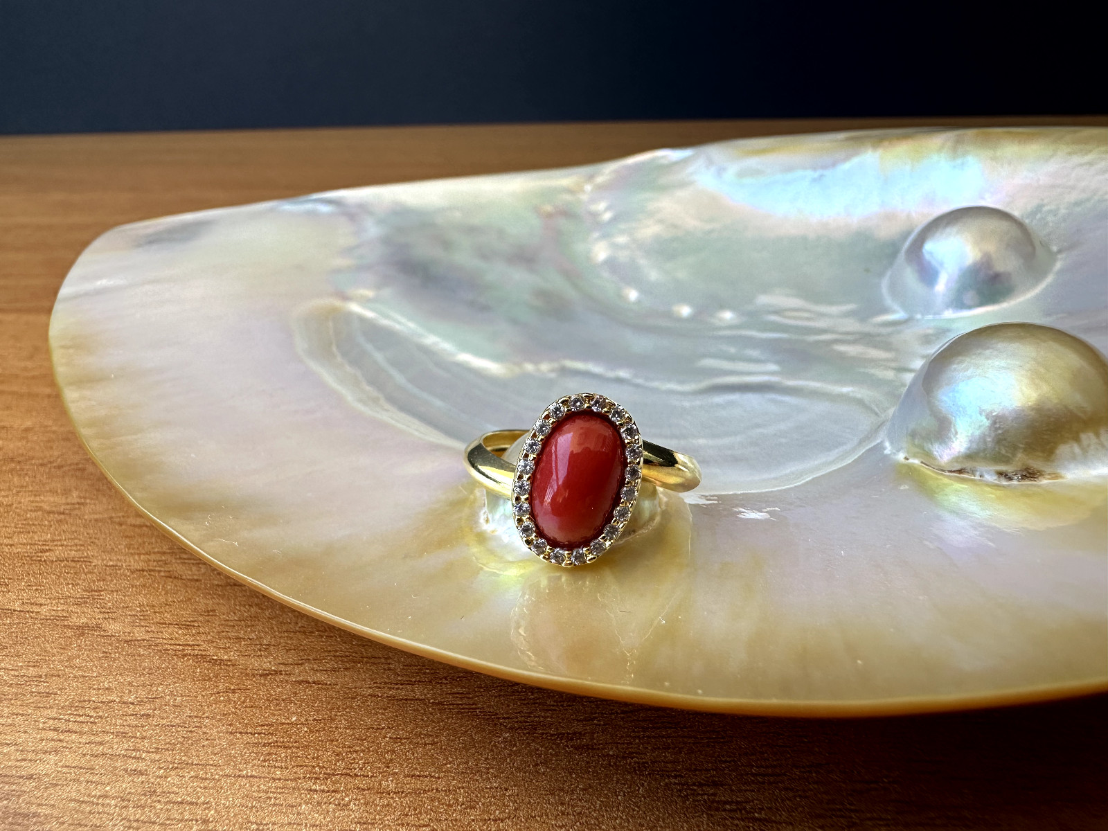 925 Silver Ring with Mediterranean Red Coral CZ “Spool”